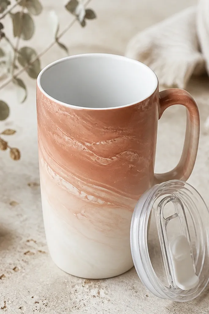 A travel mug with a smooth gradient acrylic pour on the outside in muted terracotta fading into cream. The interior is plain matte white with no color, and the lid has a clean, uncoated edge.