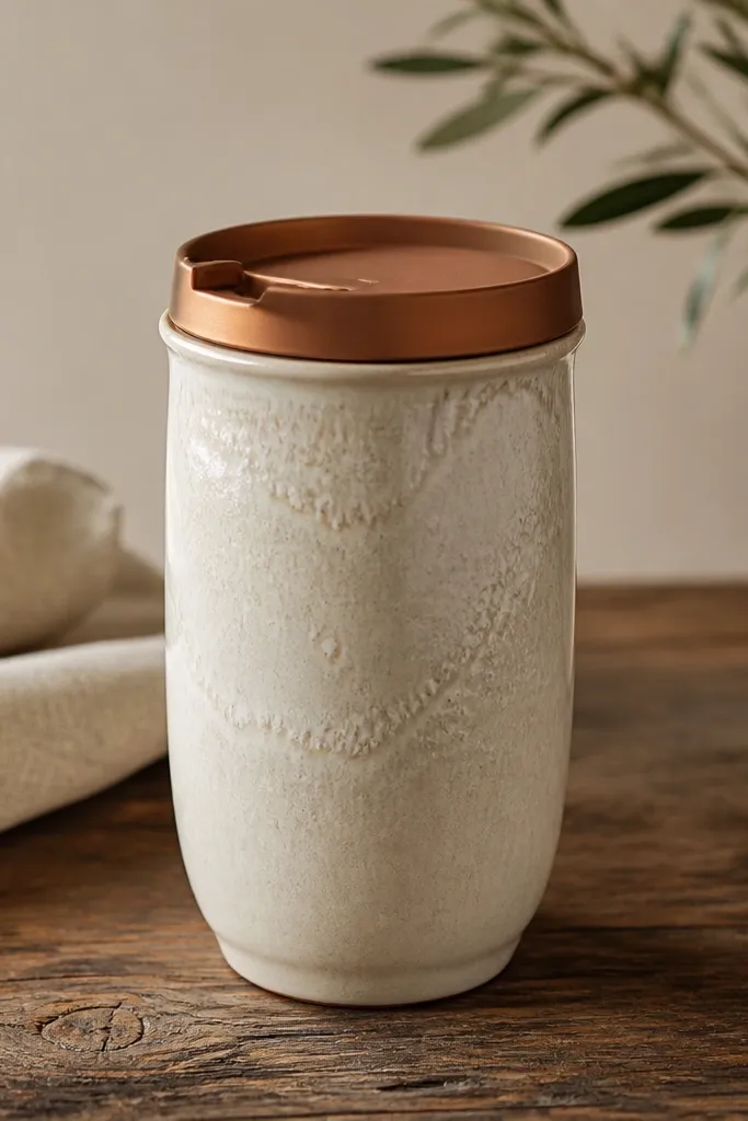 A travel mug with a warm cream body and a rough, slightly glossy textured glaze that has tiny runs and crystalline specks. The lid is terracotta or bronze.