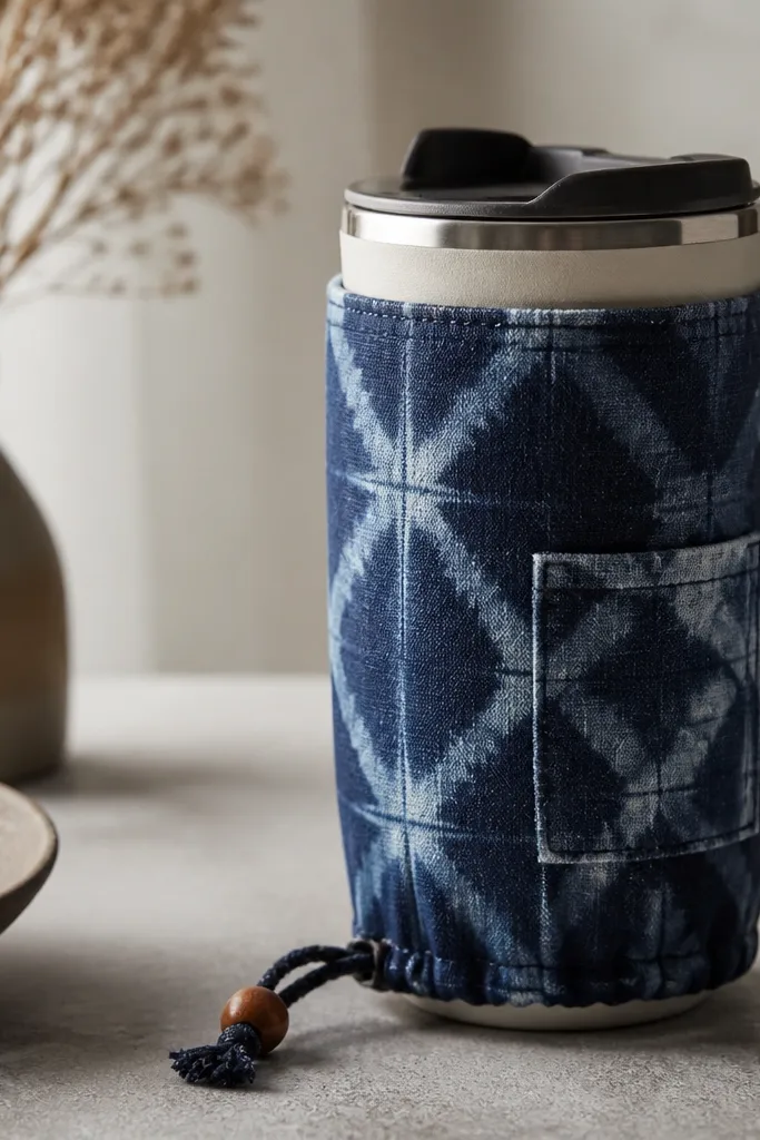 A plain stainless or ceramic travel mug wrapped in a handmade shibori-dyed fabric sleeve. The sleeve has a small stitched pocket on one side and a drawstring that tightens around the base. Colors are deep indigo and faded blue.