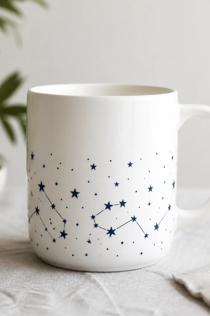 A white ceramic mug with small star dots and constellation lines in navy blue around the lower half. The stencil edges are crisp, and the rest of the mug is clean and unpainted.