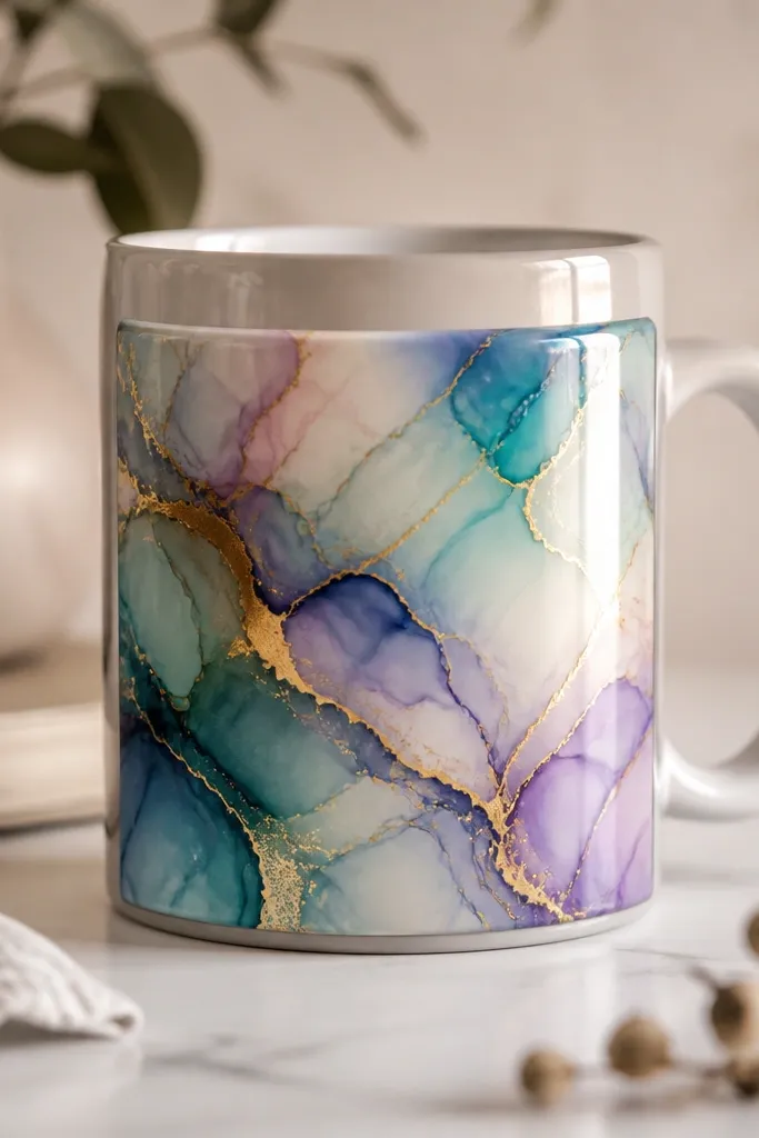 A mug wrapped with a custom tile-look panel made from alcohol ink swirls, sealed under a thick glossy epoxy. The top edge has a smooth epoxy rim guard that looks like a clear band.