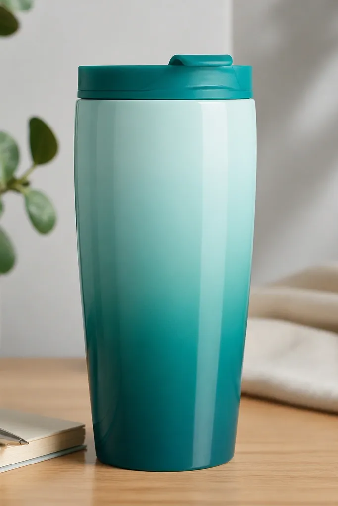 A travel mug with a smooth ombre paint fade from dark teal at the bottom to pale aqua near the top. The paint looks even and glossy where sealed, and the lid is matching teal.