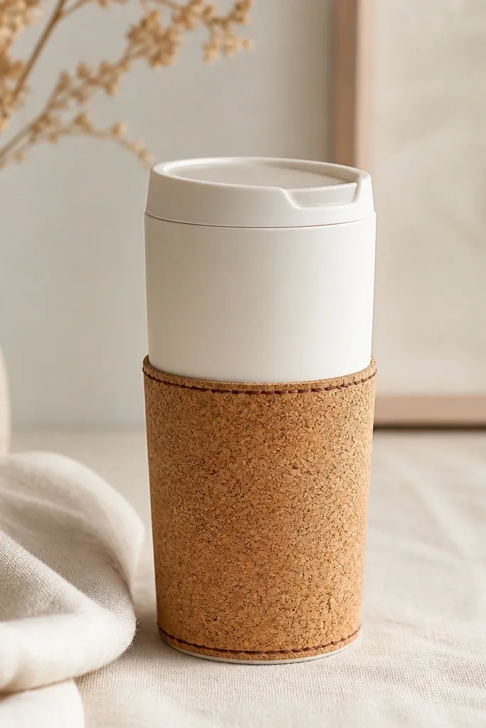 A travel mug with a cork wrap grip around the lower half. The cork has a natural tan color with visible grain, and the strap is stitched in a dark brown thread. The upper mug is a clean matte white or cream.