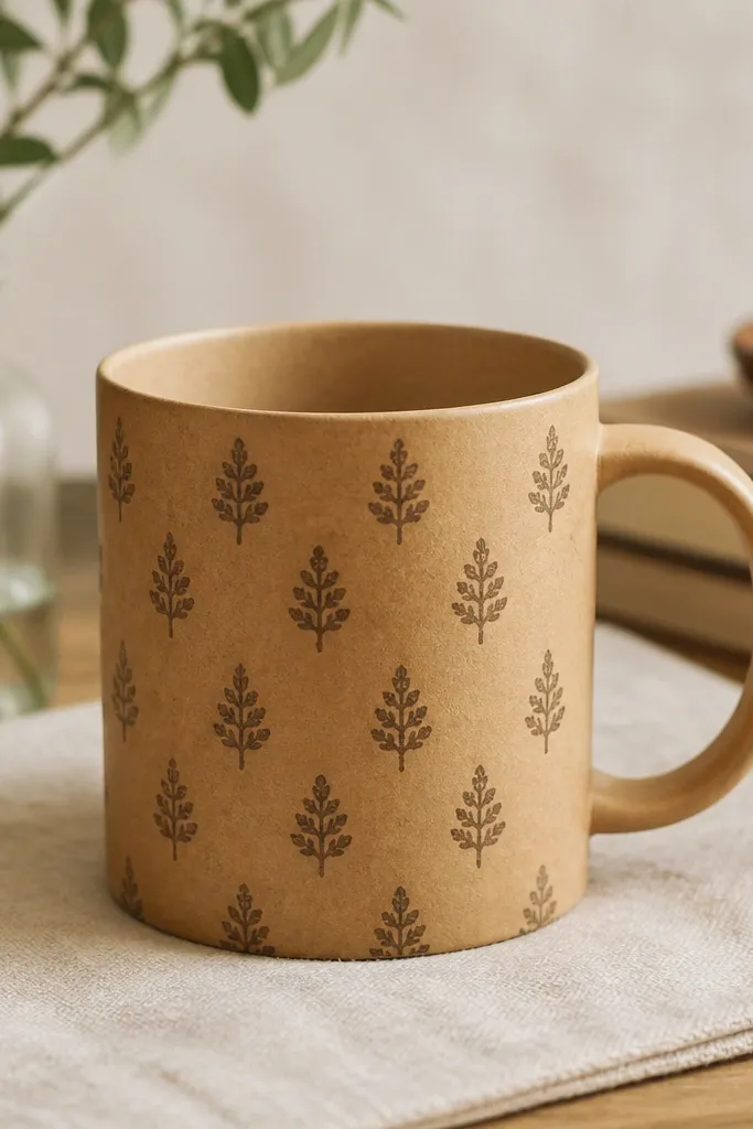 A kraft-brown mug with repeating small stamped patterns in darker brown. The stamps are crisp and slightly textured, and the mug interior stays unpainted.