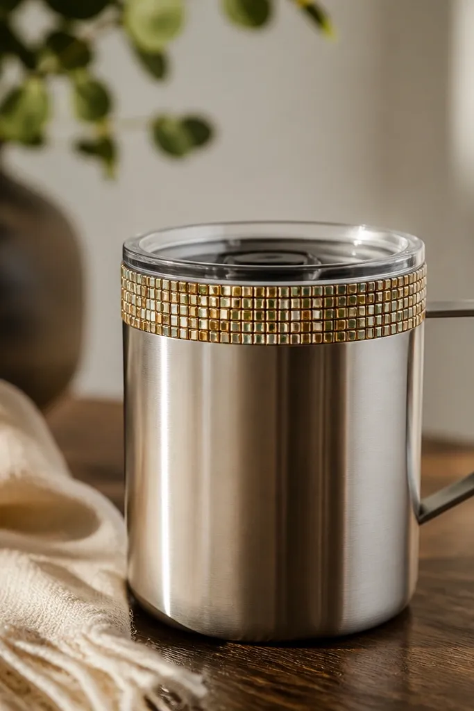 A travel mug with tiny mosaic tiles or glass beads around the rim area only. The pieces are set close together and the rim looks like a continuous band. Colors are warm gold and small pops of green.