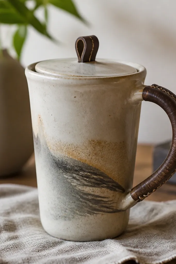 A ceramic travel mug with a simple hand-painted exterior in muted stone colors. The handle has a leather wrap, and the lid has a small leather loop for lifting. The leather is dark brown with visible stitching.