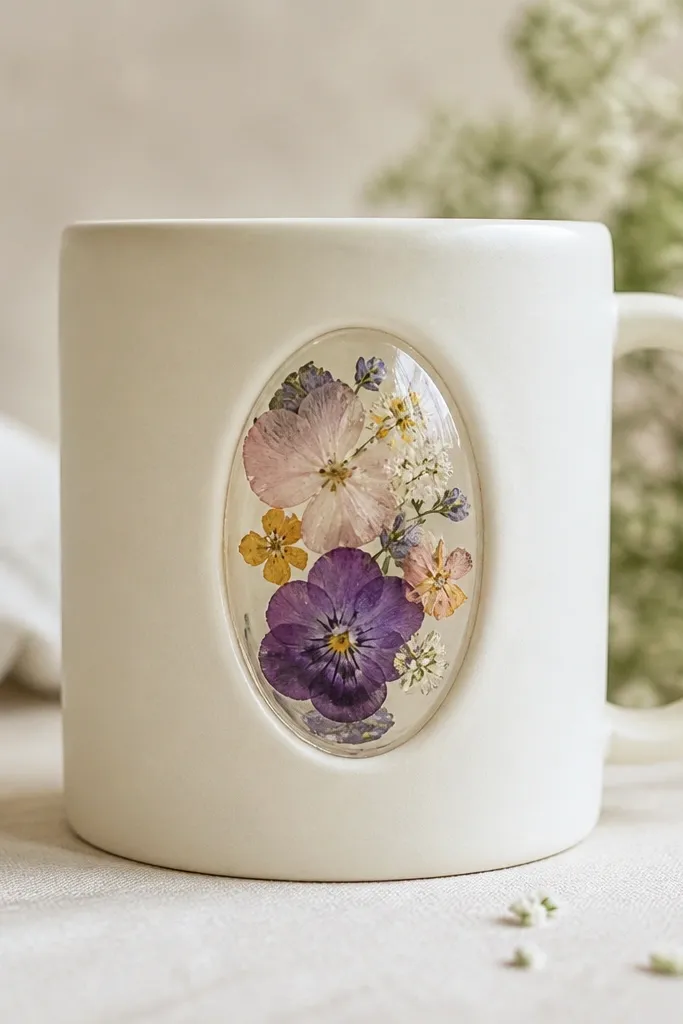 A clear window on the side of a mug showing pressed flower petals suspended in glossy resin. The petals are arranged in a small oval, and the rest of the mug is matte off-white.