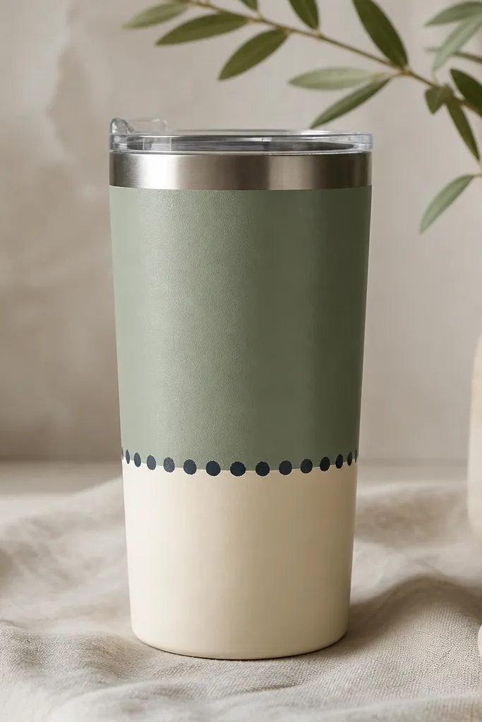 A travel mug wrapped in two stacked vinyl color blocks: sage green and cream. A row of small hand-painted navy dots sits between the blocks like a border.