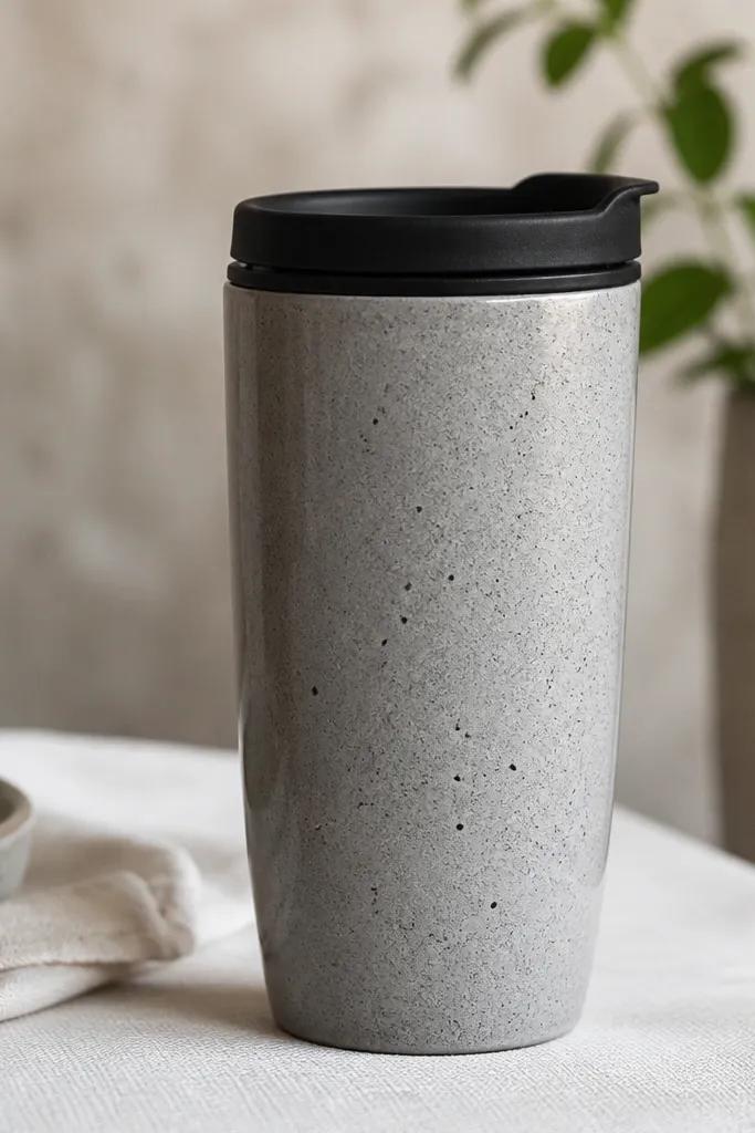 A travel mug with a gray concrete-like exterior texture. The surface looks matte and slightly speckled, then a thin clear resin layer makes it smooth and wipeable. The lid is black silicone with a snug ring seal.