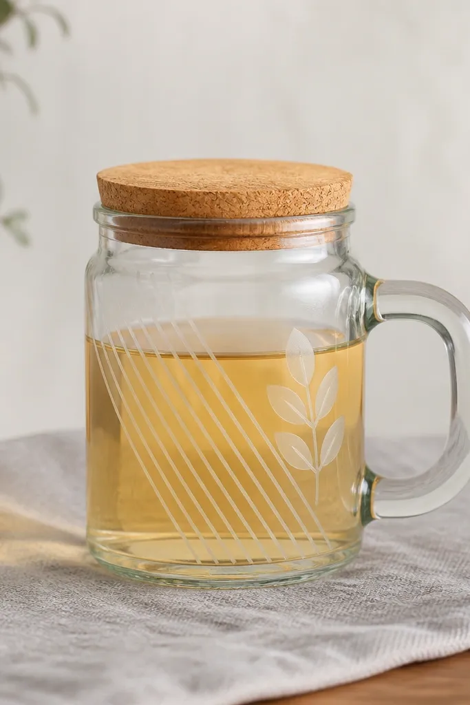 A thick glass mug made from a repurposed jar, with a cork lid. The outside has a simple etched design - a set of diagonal lines and a small leaf - that looks frosted. The glass is clear, showing the drink area.
