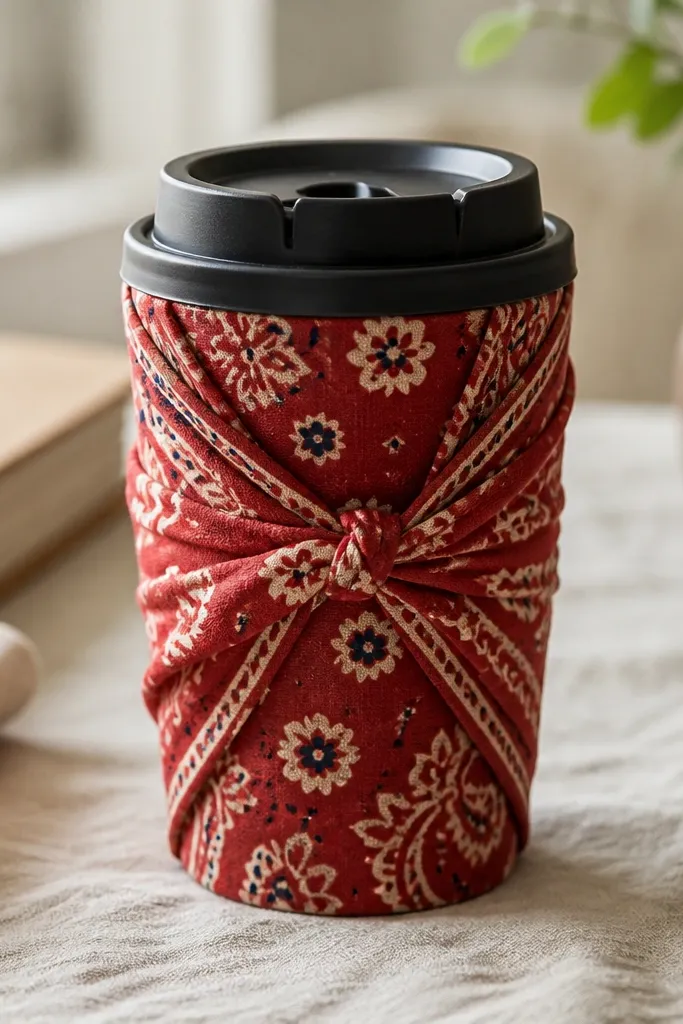A travel mug wrapped in a patterned bandana fabric, folded neatly around the middle. The ends are tucked under a tight fabric tie, and the lid is visible and unwrapped. Colors are red, cream, and small navy accents.