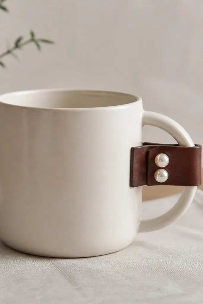 A plain ceramic mug with a small leather strap looped around the handle, decorated with two pearl-like buttons. The strap is smooth, dark brown, and the buttons sit in a centered spot.