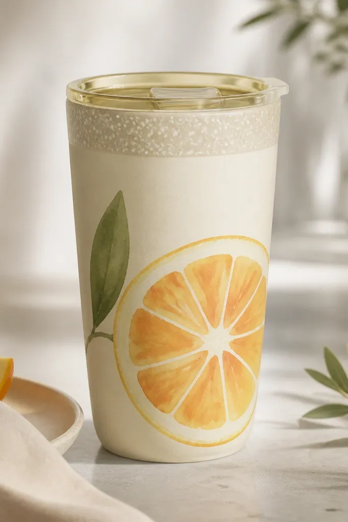 A cream travel mug with a painted citrus slice on one side: orange segments, pale yellow rind, and a thin green leaf. The rim has a subtle wax-resist pattern that looks like tiny specks. The lid is clear or light yellow.