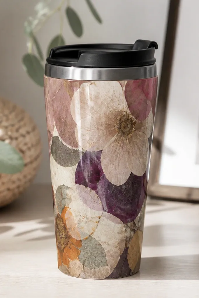A travel mug covered in layered tissue paper shapes in muted florals, with a thick glossy clear coat making the surface smooth. The lid and rim are untouched and look factory-finish.