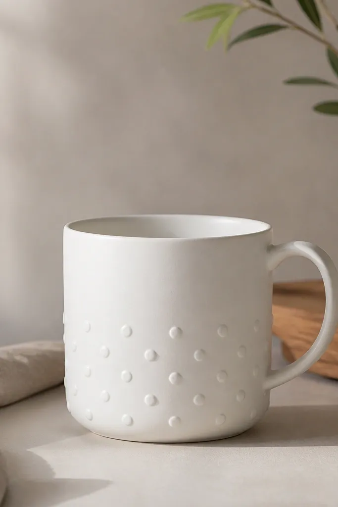 A white ceramic mug with evenly spaced raised dots around the lower half. The dots are slightly glossy compared to the matte mug, and the rim is clean with no texture.