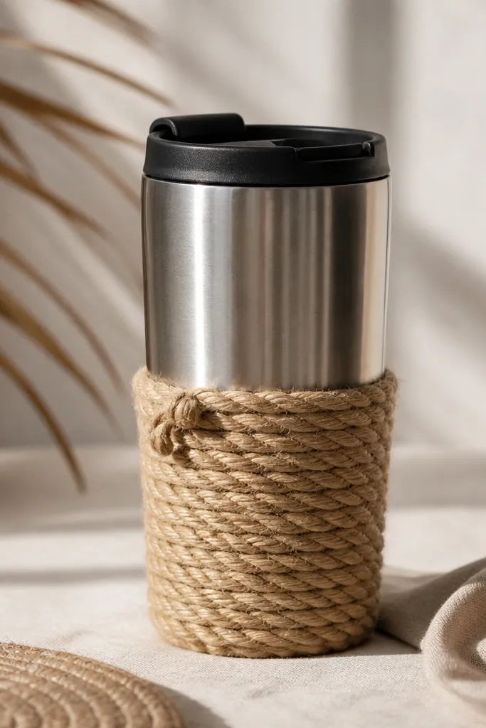 A stainless steel travel mug covered in thick natural rope wrap around the lower half. The rope is tan with slight fraying controlled at the ends, and the knot ends are sealed with clear varnish. The lid is black and plain.