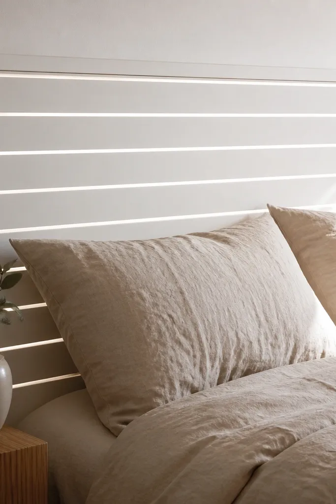Satin white plywood headboard with evenly spaced vertical slats and a low bed