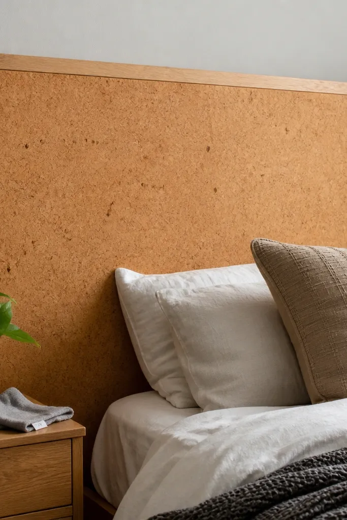 Natural cork headboard panel mounted on a light wall with a simple black frame
