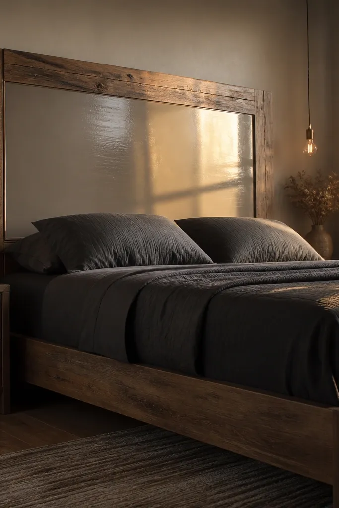 Reclaimed wood frame headboard with a smooth sealed center panel above a bed