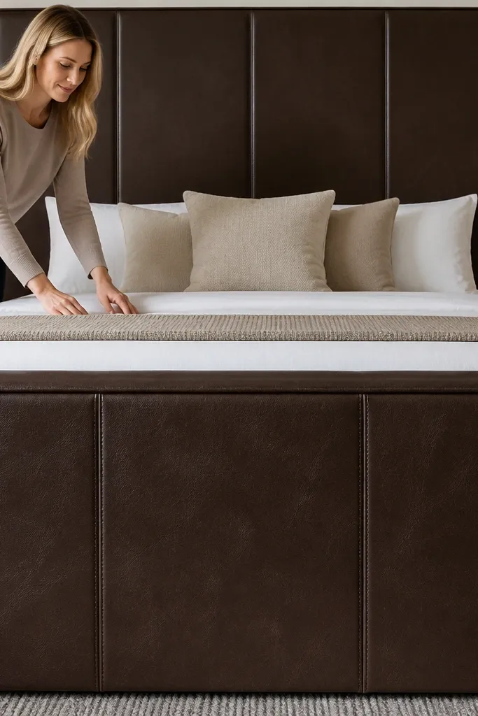Deep brown leather-look vinyl headboard with two panels and invisible zipper seams