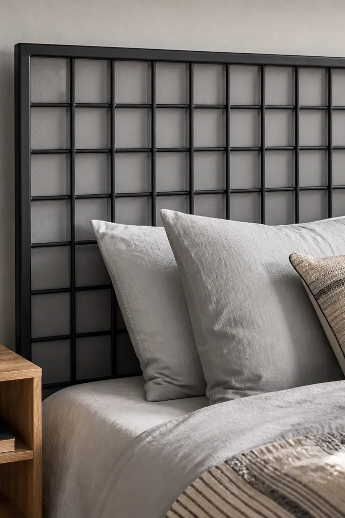 Black powder-coated metal grid headboard with a slim removable panel behind it