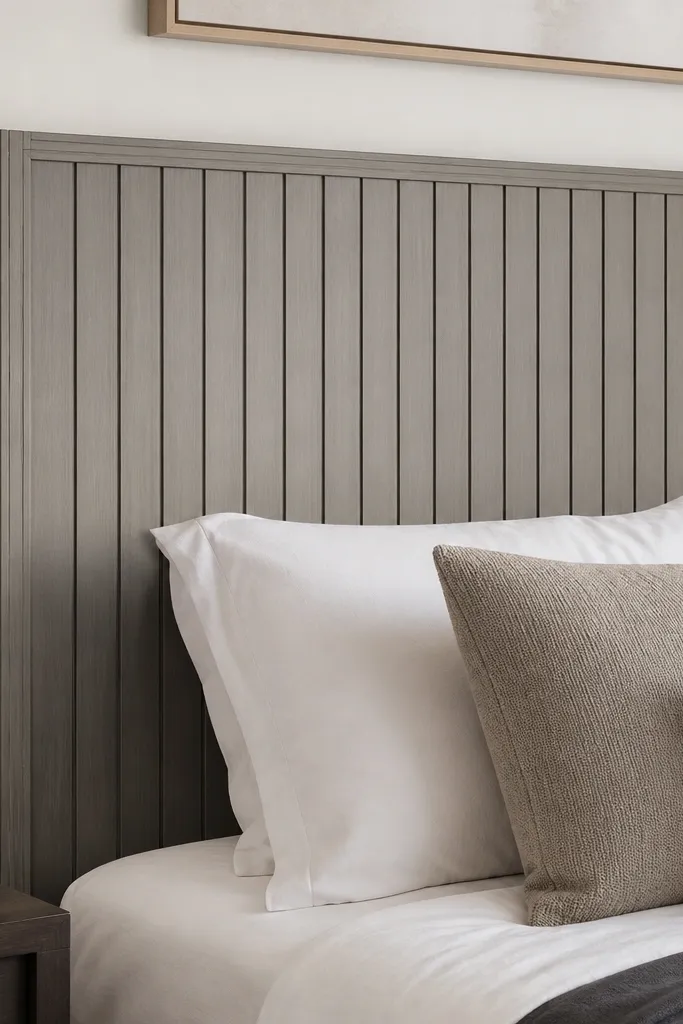 Dark-stained wood slat headboard with matching edge banding and clean straight lines