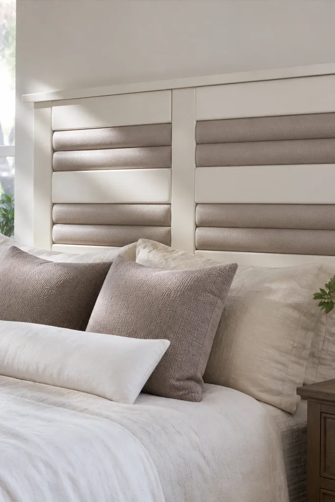 Cream headboard with evenly spaced vertical channels and no buttons