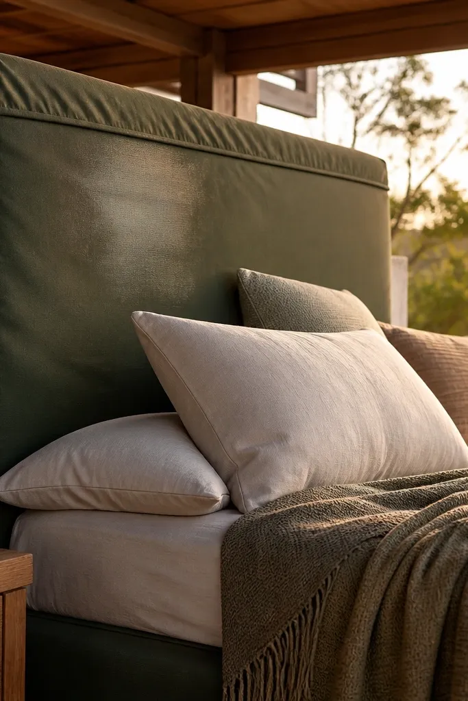 Natural canvas headboard stretched tight over a frame with a removable cover seam