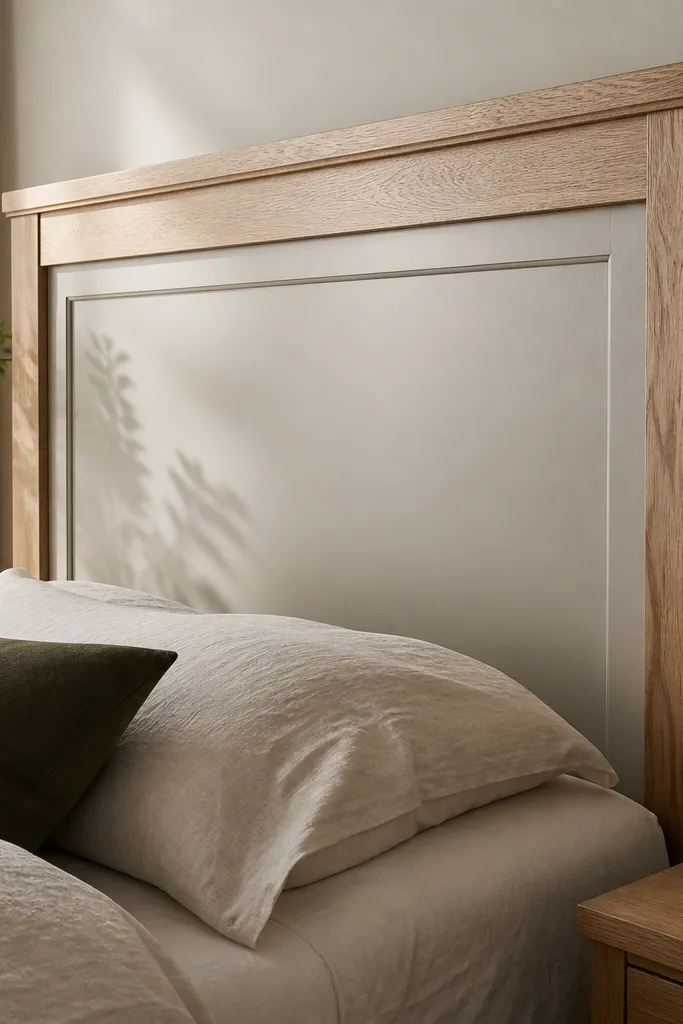 White painted center panel with a light wood shaker frame headboard behind a bed