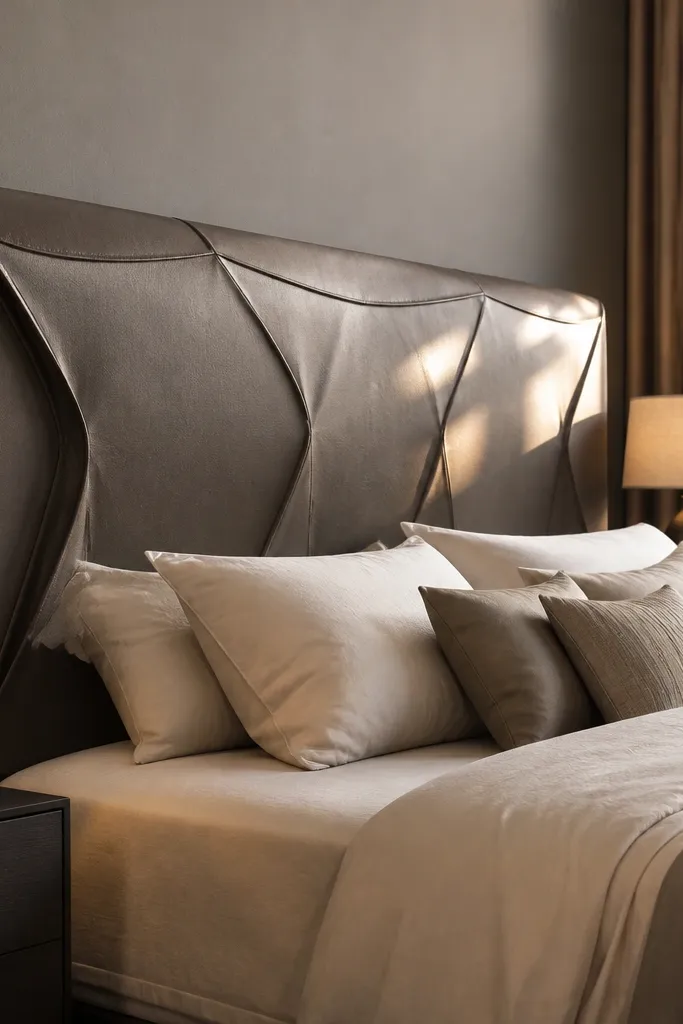 Taupe faux leather headboard with folded crease lines and magnetic flap seams