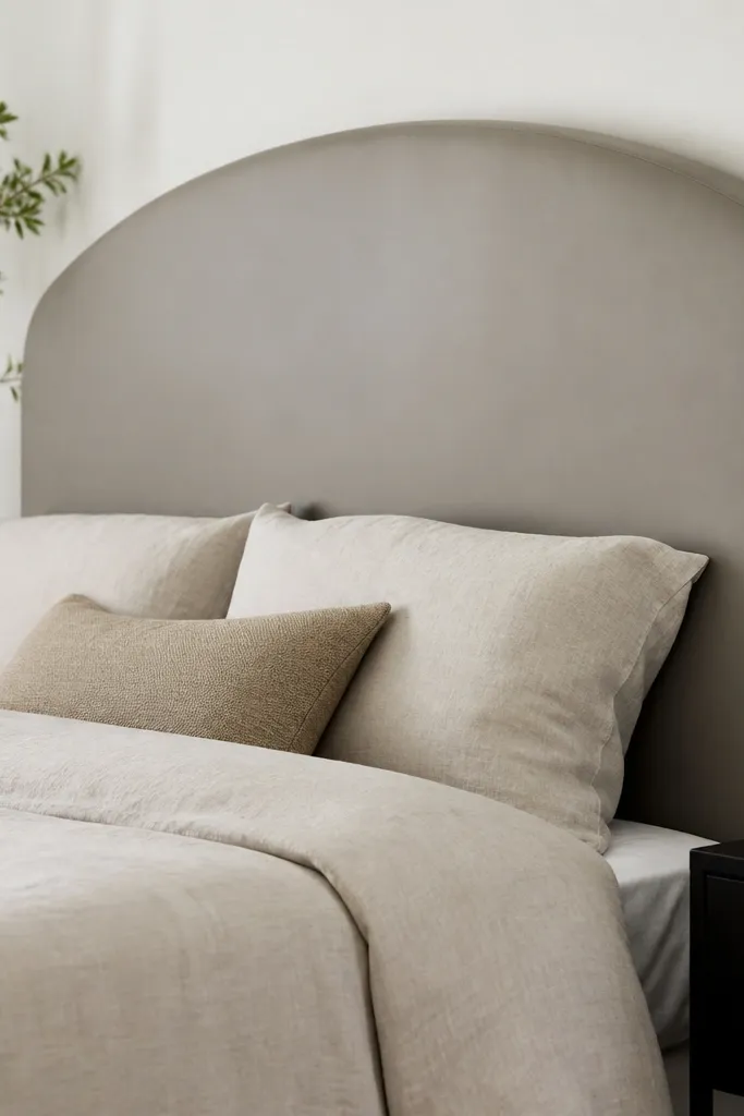 Curved top headboard with smooth vinyl skin and clean straight base
