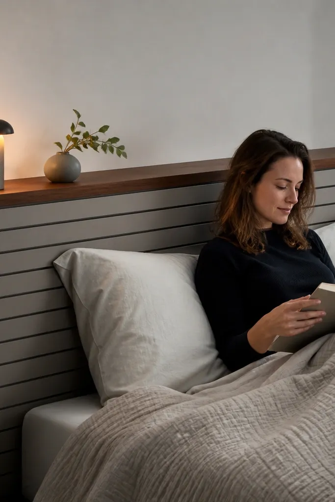 Headboard with a thin shelf ledge and horizontal wipeable slats below