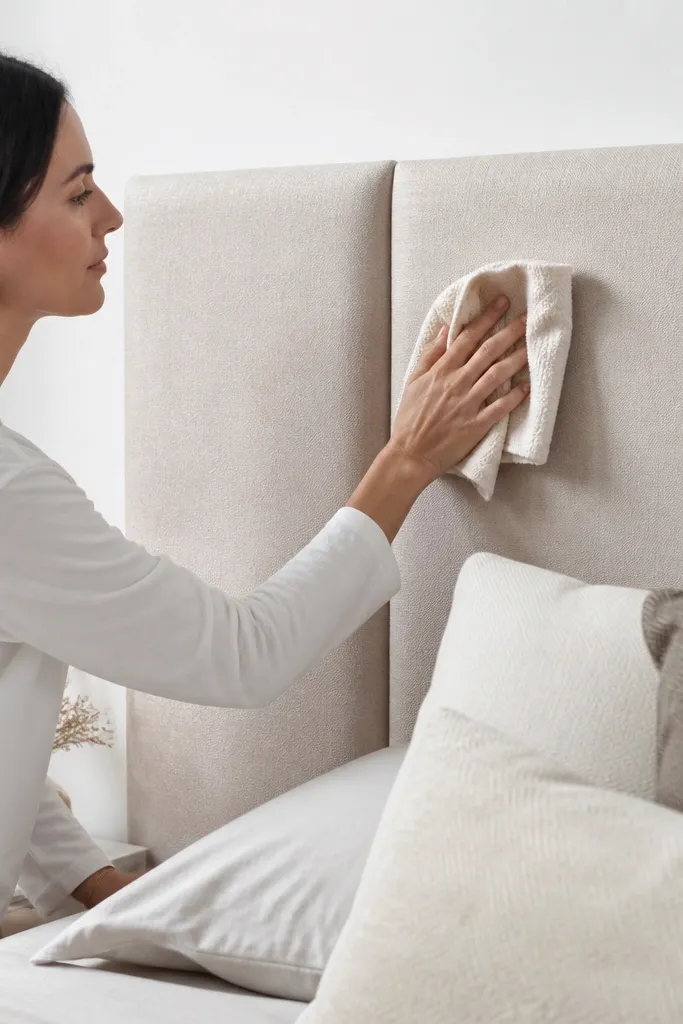 Light gray headboard with smooth acoustic foam panels under a removable washable cover