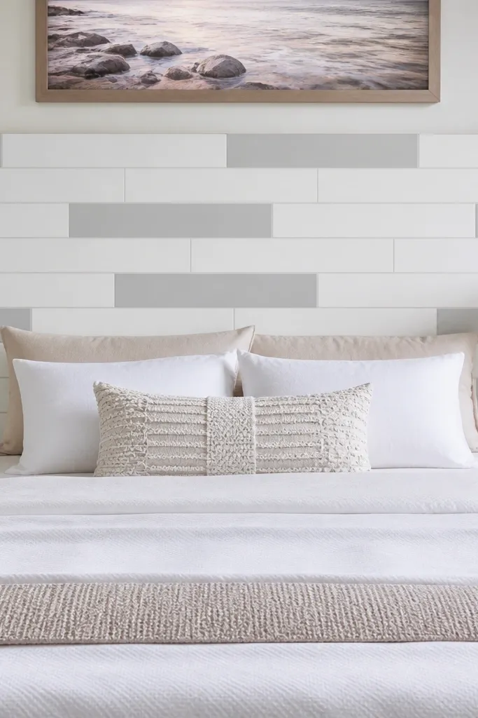 White tile-look headboard panel with grout-free pattern and sealed edges