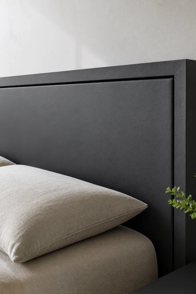 Matte charcoal laminate headboard with beveled edges and clean lines