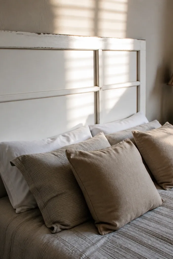 White painted window frame headboard with a smooth sealed panel center