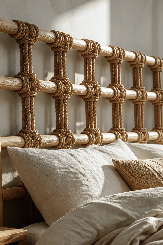 Wood frame with thick rope knots woven in a grid