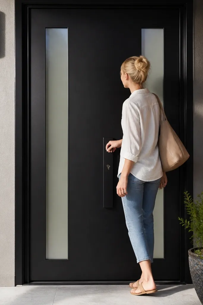 Matte black door with two narrow clear glass columns and slim metal pulls