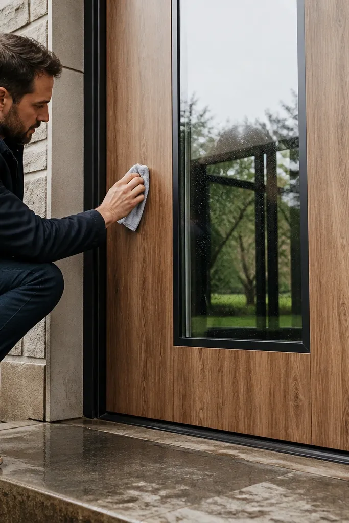 Warm wood-look door with clear glass inset and a dark shadow gap line
