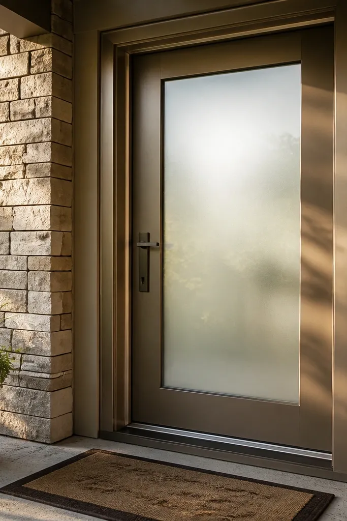 Bronze door with a centered frosted glass panel and slim sidelights