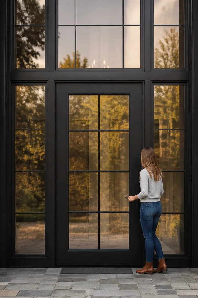 Black door with grid-pattern glass and tall sidelights on both sides
