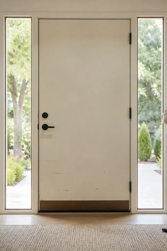Solid door in the middle with full-height glass sidelights on both sides