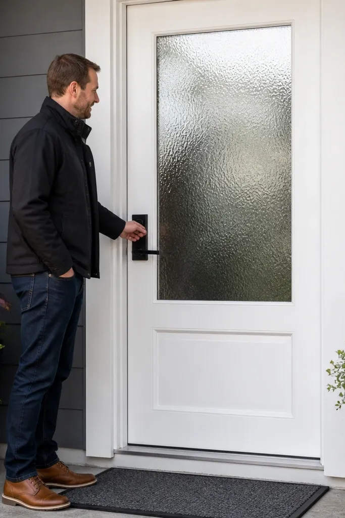 Matte white door with textured privacy glass and a dark handle