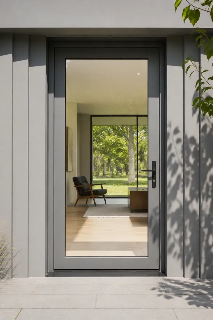 Door with clear glass and vertical recessed panels around the glass