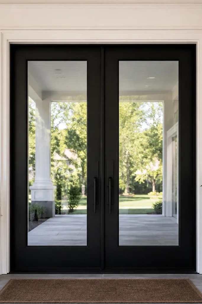 Double-door style with large glass panes in each leaf and dark frames