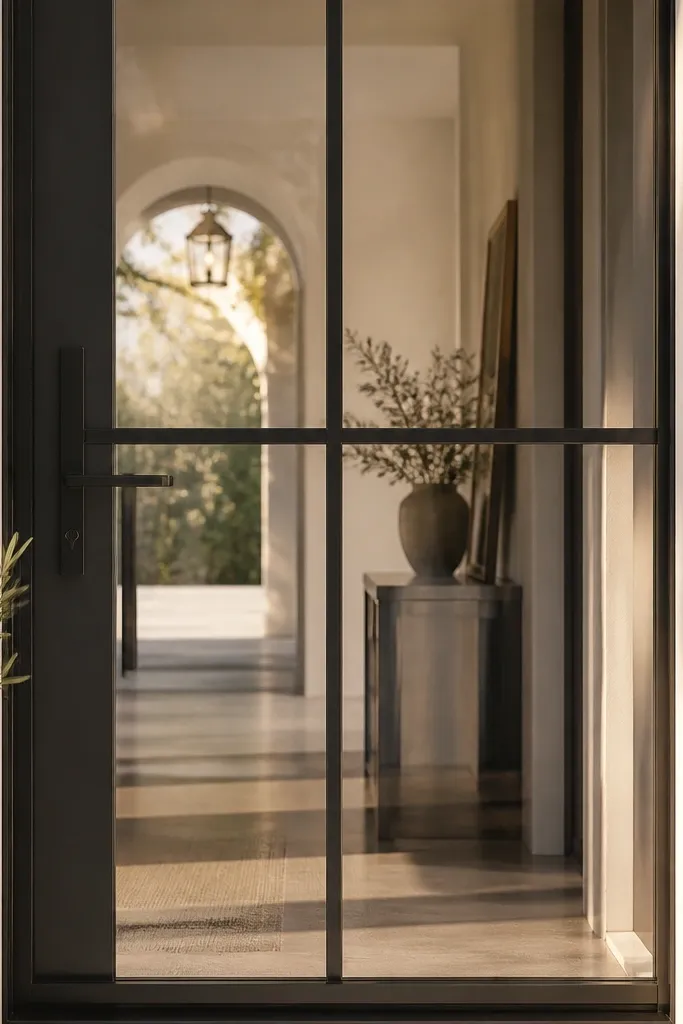 Clear glass door with thin black mullions forming simple rectangles