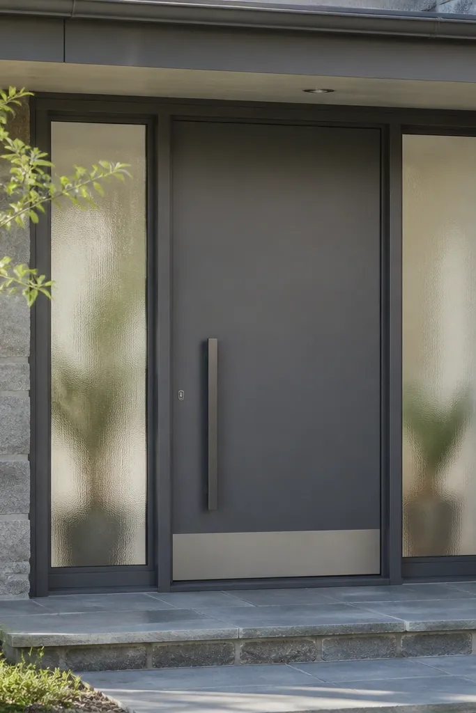 Solid center door with frosted side glass panels and a clean black frame