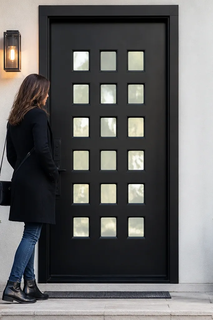 Black steel-look door with small glass squares arranged in a grid pattern