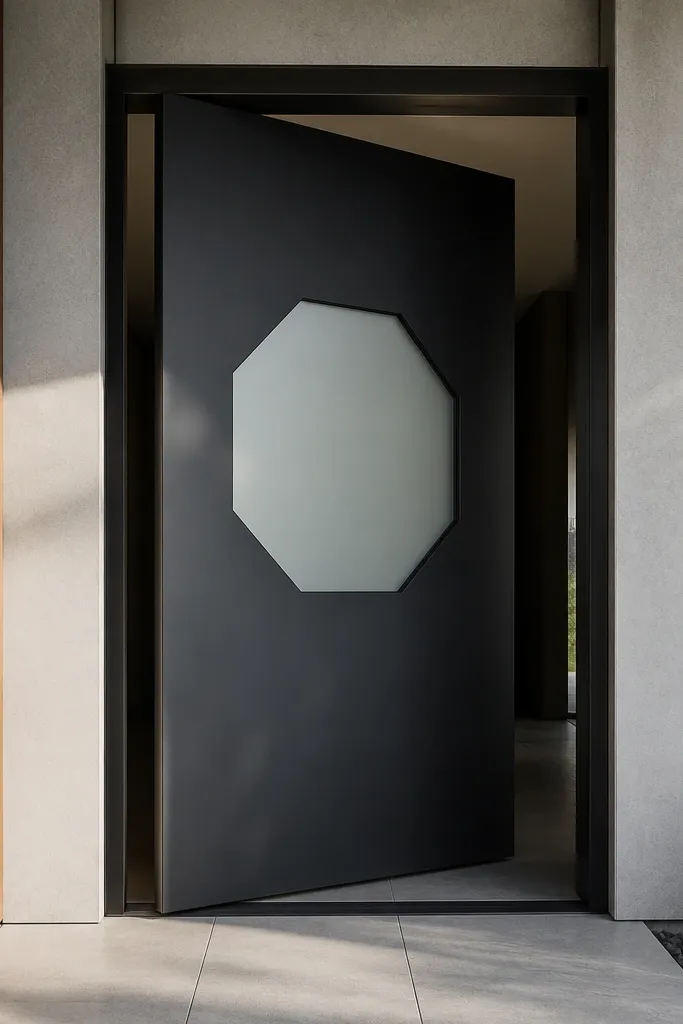 Minimal pivot door with a frosted octagon glass insert and matte black finish