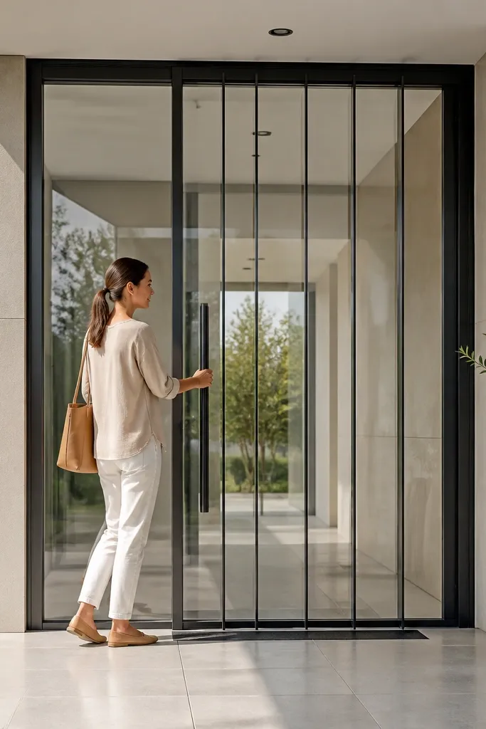Large glass door with vertical recessed steel lines and black frame